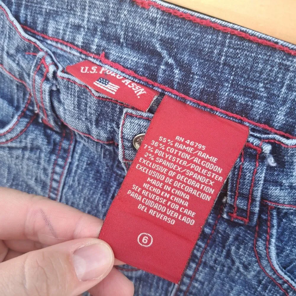 US Polo Assn Girls Y2k Denim Blue Red Logo Flare Jeans Size 6 Small 2000's